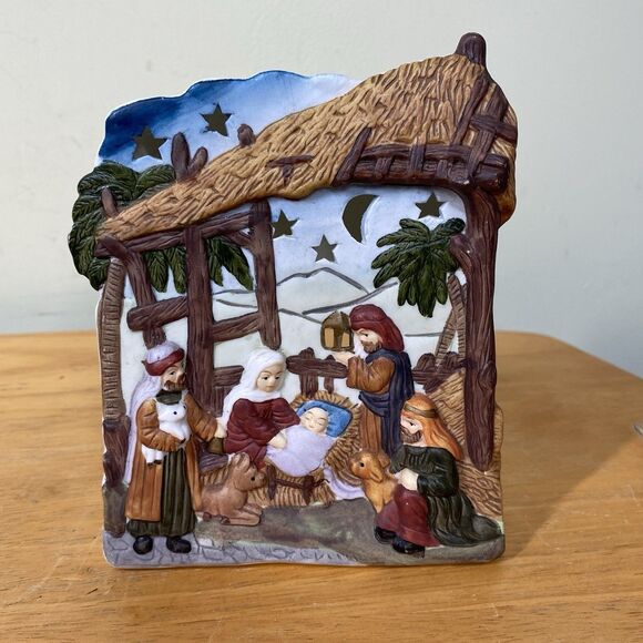 River Grove Pottery Works Porcelain Nativity Tea Lite Holder Christmas Holidays - Picture 1 of 6